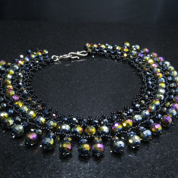 Handmade Czech Fire Polished Beaded Collar Necklace Black Seed Beads 16" - Picture 7 of 10